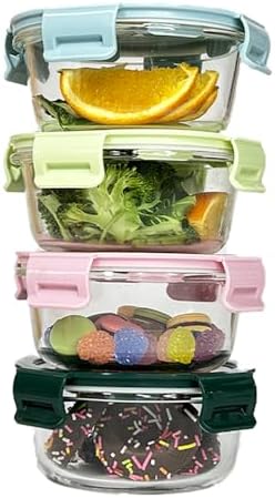 12OZ Round Glass Food Storage Containers With Lids, 1.5 Cup Round Meal Prep Containers with Lid BPA-Free, Small Glass Food Bowl for Soup Leftover, Microwave, Dishwasher, Freezer Safe-4 Pack