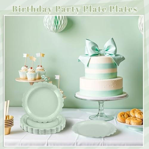 NatNarr 30 Pcs Sage Green Paper Plates 9 Inch Disposable Scalloped Wedding Plates Cute Dessert Cake Plate Party Dinner Plate for Bridal Baby Shower Engagement Reception Birthday (Pack of 3)