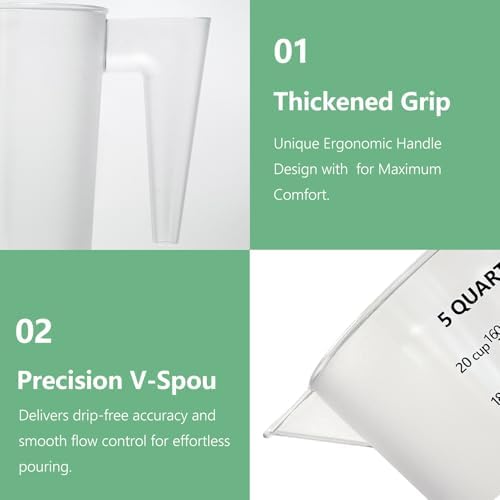1 Gallon / 5 Quart / 5000 ml Large Plastic Measuring Pitcher with Handle, Clear Heavy Duty Mixing Pitcher with mL/QT/GAL Markings for Garden, Pool Chemicals, Motor Oil & Kitchen