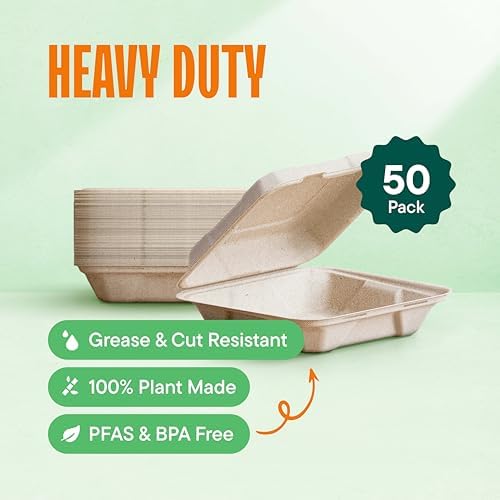 100% Compostable Clamshell Take Out Food Containers [8X8" 50-Pack] Heavy-Duty Quality to go Containers, Natural Disposable Bagasse, Eco-Friendly Biodegradable Made of Sugar Cane Fibers