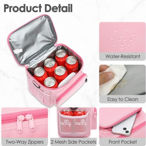 FlowFly Insulated Reusable Lunch Bag Adult Large Lunch Box for Women and Men with Adjustable Shoulder Strap,Front Zipper Pocket and Dual Large Mesh Side Pockets,Pink