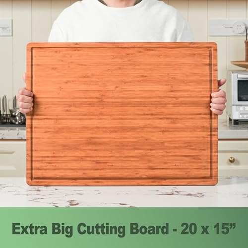 Allsum XL Cutting Board for Kitchen, 20x15" Extra Large, 1" Thick Bamboo Wood Butcher Chopping Block, Cheese Board, Durable Reversible with Juice Grooves and Handles