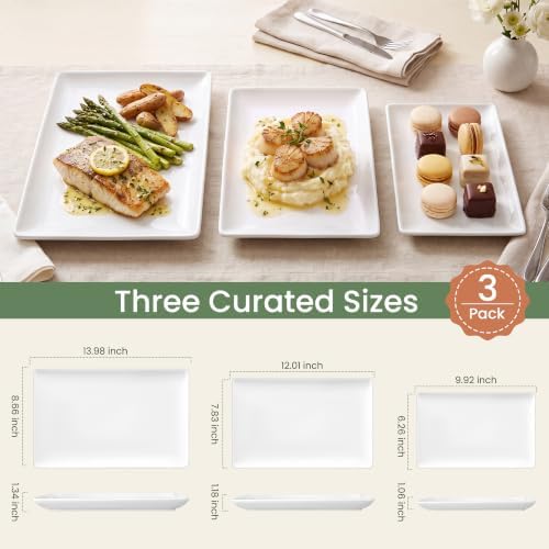 Kassel Ceramic Serving Platter Set 14”/12”/10” White Porcelain Serveware for Parties & Entertaining - Decorative Oven-Safe Serving Dishes & Platters for Food, Cookies, Meat & Turkey Rectangular Small