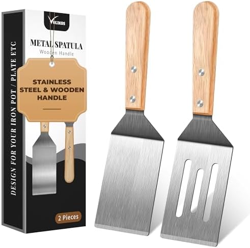 Stainless Steel Spatula Set, 2 pcs for Cast Iron Skillet with Wooden Handle