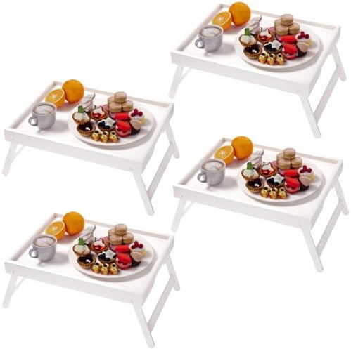 Fibogollo 4 Pack Bamboo Bed Tray Table with Folding Legs,Breakfast Trays,Serving Tray for Food and Snack,Laptop Trays for Working(White)