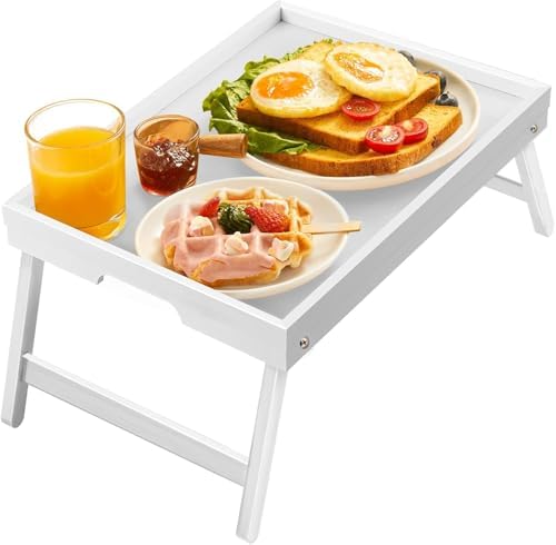 Pipishell Bed Tray Table with Folding Legs, Bamboo, Medium Size, White