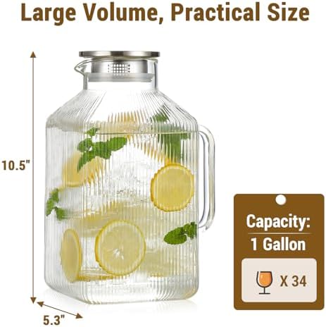 1 Gallon Square Classic Stripes Glass Pitcher with Lid, Pitchers for Fridge