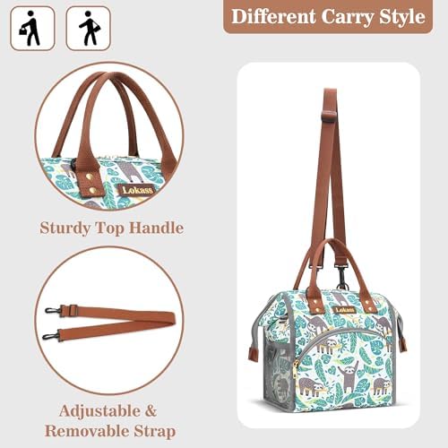 LOKASS Lunch Bag Insulated Lunch Box Wide-Open Lunch Tote Bag Large Drinks Holder Durable Nylon Snacks Organizer with Removable Shoulder Strap for Women Men Adults Work Outdoor,Sloth