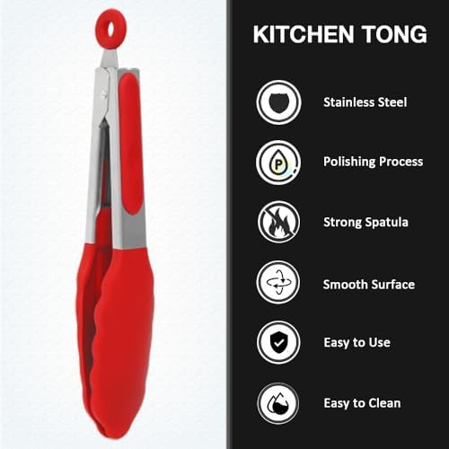 7 inch Small Serving Tongs with Silicone Tips 3 Pack(Red)