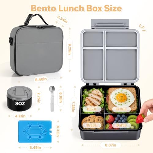 Bento Lunch Box with 8oz Soup Thermo,Kids Leakproof 4 Compartment Lunch Food Containers with Sauce Cup and Ice Pack,Kids Thermo Insulated Hot Food Jar and Lunch Bag for School,Trvael-Black