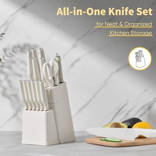 E-far Knife Set, 15-Piece Kitchen Knife Block Set with Sharpener, White
