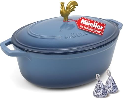 MUELLER HOME 5.5 Quart Enameled Cast Iron Oval Dutch Oven w Rooster Knob & Cotton Potholders, Heavy-Duty Cookware, Oven-Safe up to 500° F & Across All Cooktops, Gifts for Grandma & Women, Mineral Blue