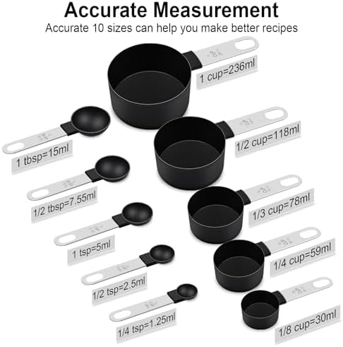 Measuring Cups and Spoons Set, 10-Piece with Stainless Steel Handles, Black