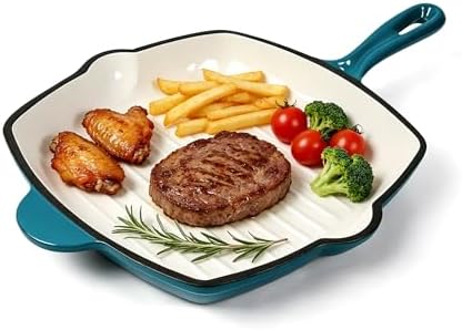 Enameled Cast Iron Square Grill Pan, Nonstick Skillet Grilling Pan (Peacock Blue, 9.5 inch)
