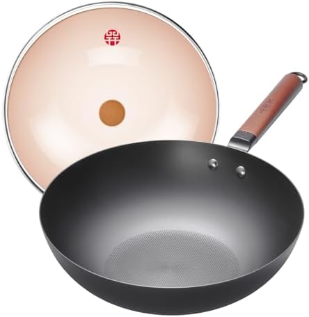 WANGYUANJI 12.6" Carbon Steel Wok Pan with Lid, Flat Bottom Chinese Wok