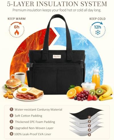 Bagstellar Corduroy Lunch Box for Women Insulated Lunch Bag Cooler Tote Bag