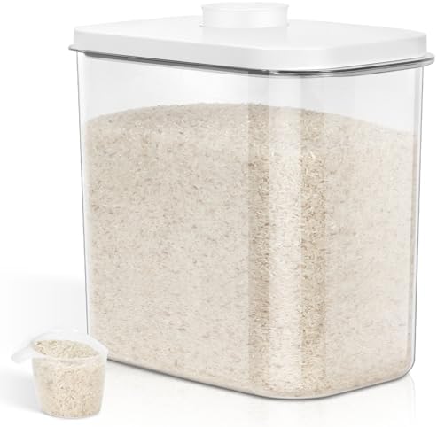TBMax Large Rice Container 25 Lbs with Easy-Carrying Handles -12.7 Qt Flour Storage Container with Pop Up Lid & Hanging Hooks for Cleaner Use, Airtight Food Storage Bin for Kitchen Organization
