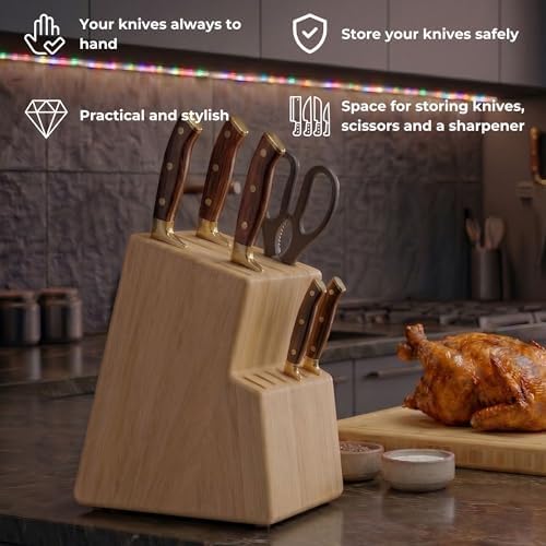 Kitchen knife holder elegant & sturdy (15 slots). Universal knife block with slots for knives, scissor and sharpenner. Knife Block without Knives. Kitchen knife holders for counter top. (Rubber Wood)