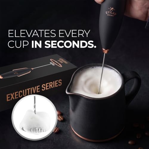 Zulay Kitchen Powerful Milk Frother Wand With Duracell Batteries - Ultra Fast Handheld Drink Mixer - Electric Whisk Foam Maker for Coffee, Lattes, Cappuccino & Matcha - Z1 Motor - Exec Black Copper