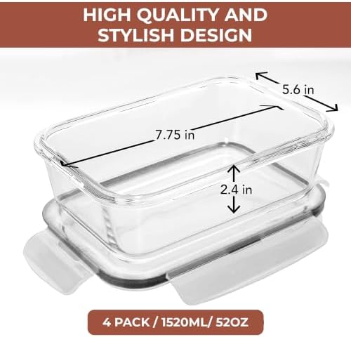 Razab 6.5 Cups / 52 Oz 4 Piece (2 Containers + 2 Lids) Glass Food Storage Containers Set with Airtight Locking Lids - For Storing, Baking & Serving BPA Free, Leakproof - Microwave, Freezer & Oven Safe