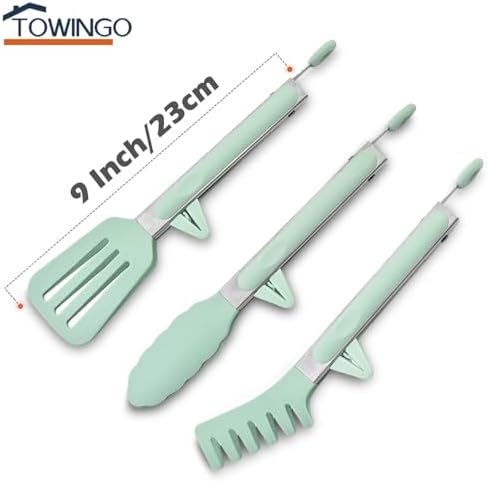 9" Kitchen Tongs for cooking with Silicone Tips, 3Pcs Serving Tongs, Green