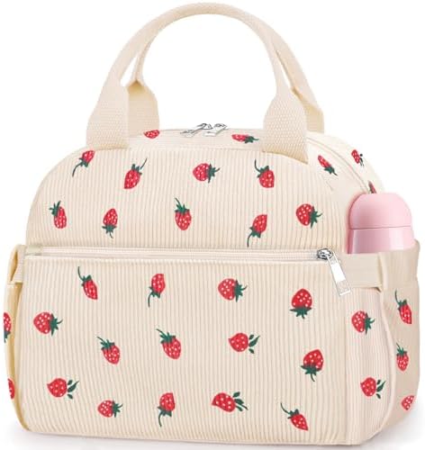 KUBYA Lunch Box for Women, Cute Strawberry Corduroy Insulated Lunch Bag Women Reusable Work Leakproof Simple Adults Large Lunch Boxes Tote Bag Men Cooler Bag