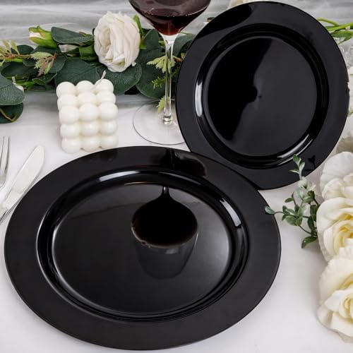 FLOWERCAT 100PCS Black Plastic Plates - Heavy Duty Black Disposable Plates for Birthday Party/Wedding/Halloween- serve 50guests 10 inch and 7 inch Set