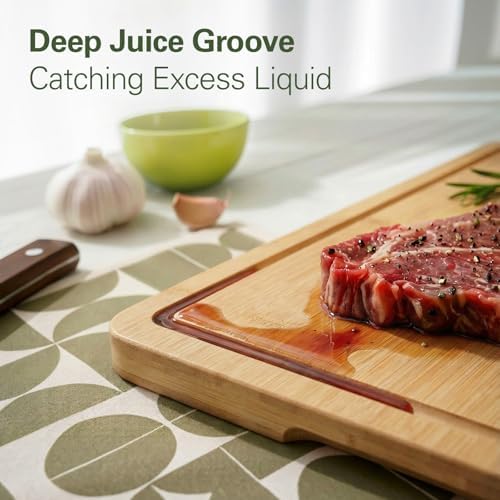 Zarler Bamboo Cutting Boards for Kitchen, 3 Piece Durable Wood Cutting Board with Juice Grooves and Handles, Wooden Chopping Board Set for Meal Prep, XL Size, Ideal Kitchen Gift