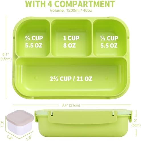 shell and turtle Bento Box Adult Lunch Box, Lunch Containers for Kids Girls Boys with 4 Compartments, Lunchable Food Container with Utensils, Sauce Jar, Muffin Liners, 40 Oz/5 Cup, Bright Green