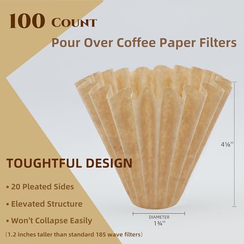 Pour Over Coffee Paper Filters 100 Count, Designed for Stagg XF, Kalita 185, Brumate & Chemex 6-Cup Pour Over Brewers, Brown Unbleached Disposbale Coffee Filters Large Cone Shape Dripper Accessories