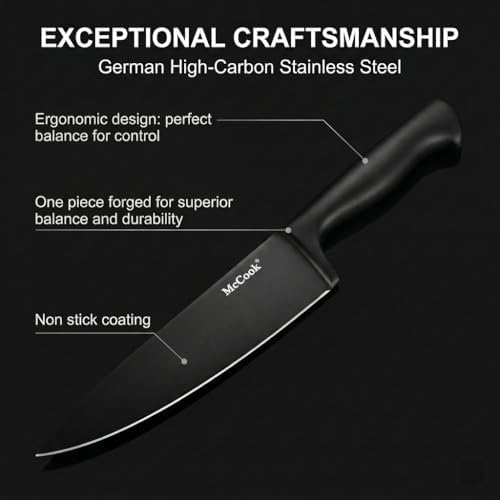 McCook® Premium Black Knife Sets,German Stainless Steel Kitchen Knives Block Set with Built-in Sharpener, 20-Piece Razor-Sharp Kitchen Knives with Ergonomic Handles, Elegant Box for Gift, Black