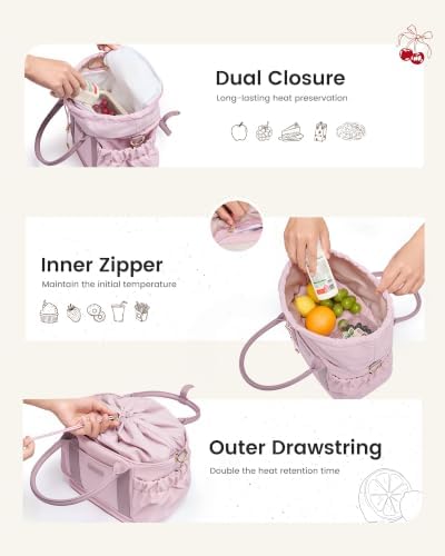 LOVEVOOK Drawstring Insulated Lunch Bag Women,Adult Lunch Box,Pink