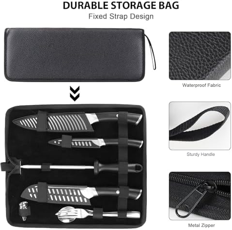 MOSFiATA Kitchen knives set with Carry case Bag,Stainless Steel Chefs Knife Set with Knife Sharpener Rod,Japanese Santoku Knives Set with ABS Handle for Outdoor Travel Camping BBQ