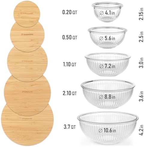 Stackable Glass Mixing Bowls with Bamboo Lids Set of 5