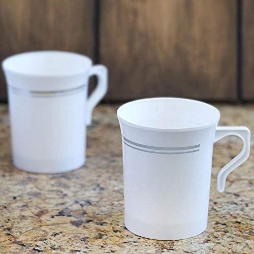 BloominGoods 50 Heavyweight Disposable White Plastic 8 oz. Coffee Mugs with Silver Trim | Tea, Cappuccino, Espresso Cups with Handles (50-Pack)