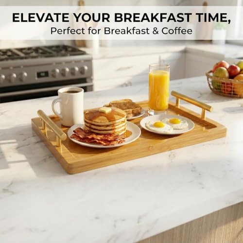 PEKER Wooden Serving Tray with Metal Handles, Black Decorative Coffee Table Tray for Breakfast in Bed, Ottoman & Home Décor, Wooden Food Tray for Kitchen