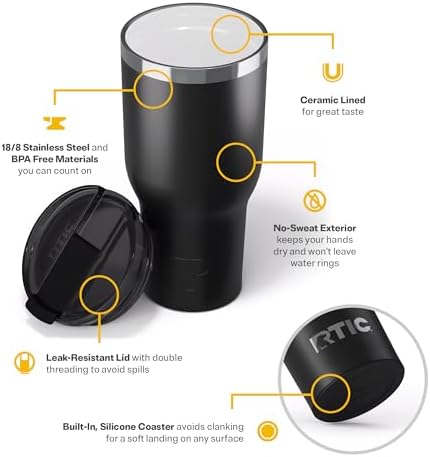 RTIC 40oz Essential Tumbler with Lid, Ceramic Lined, Black