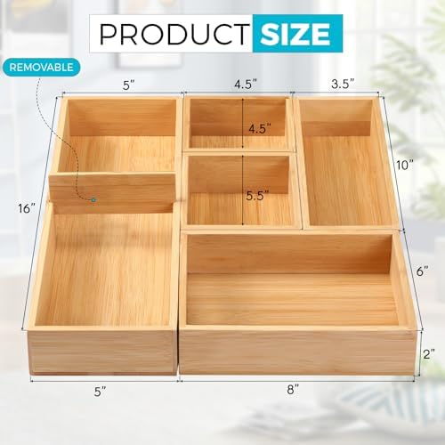 Fabsome Bathroom Drawer Organizer, Bamboo Box Bin for Junk Vanity Desk Makeup Drawer, Small Wooden Container Tea Storage Organization Tray for Kitchen Office, Set of 5