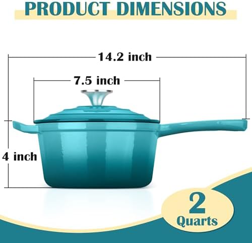 E-far Enameled Cast Iron Sauce Pan, 2 Quart Dutch Oven Saucepan with Lid, Small Sauce Pot for Cooking, Boiling, Healthy & Non Toxic, Induction & Oven Safe, Green