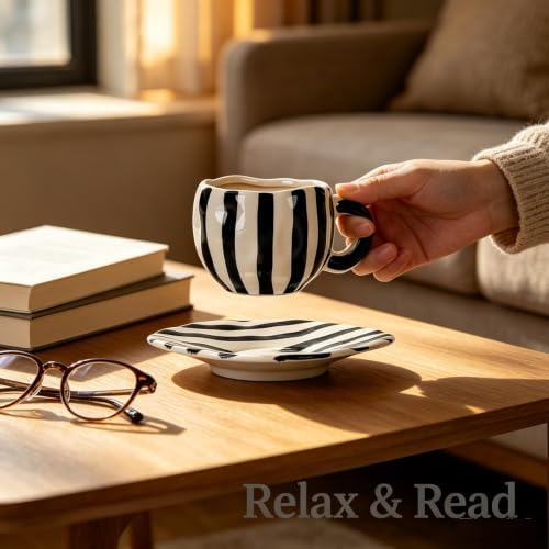Espresso Cups Ceramic Coffee Mug Series European Striped Dot Coffee Cup And Saucer Mug Cake Plate Afternoon Tea Set Tea Cup And Saucer (Black 4)