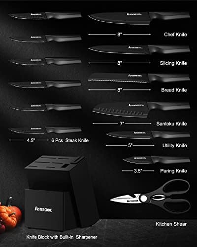 Astercook 15 Pieces Kitchen Knife Block Set with Sharpener, Black