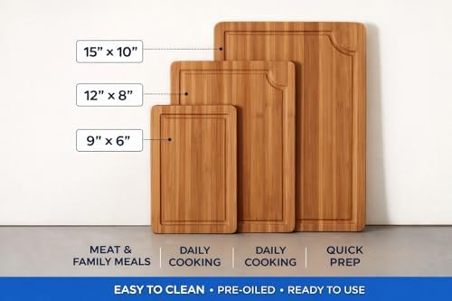 Bamboo Cutting Board Set of 3 (15"×10", 12"×8", 9"×6") – Crack Resistant Boards with Deep Juice Grooves, Handles & Care Guide – Butcher Block for Meat, Veggie & Charcuterie Board