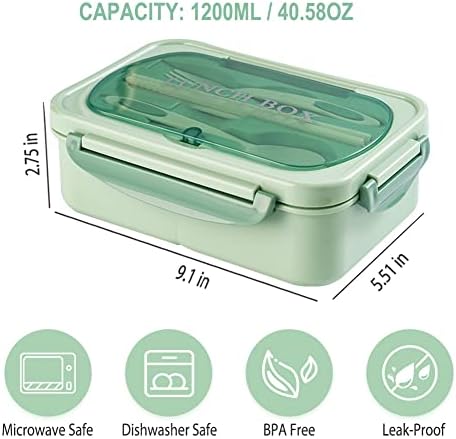 Bento Box for Adult, 1200 ML Lunch Containers for Adults, LeakProof Lunch Box with Utensils, BPA Free, 3 Compartment Bento Box Microwave Safe, Green