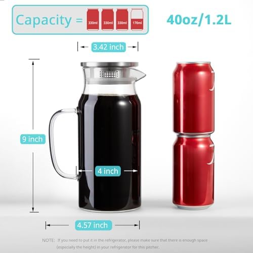 Bivvclaz 1.2 Liter 40 oz Small Glass Pitcher with Lid and Handle, Glass Carafe for Hot/Cold Water, Iced Tea Jug for Coffee, Juice and Homemade Beverage (Pack of 2)