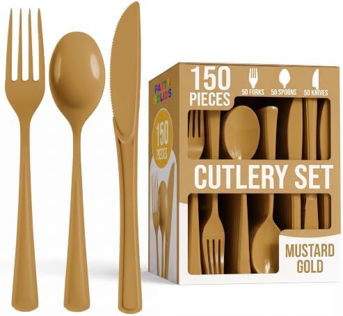 Party Solids Gold Plastic Silverware 150 Pcs Gold Cutlery Set
