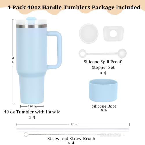 4 Pack 40 Oz Tumblers with Handle Bulk, Double Wall Vacuum Insulated Stainless Steel Tumblers with Lid and Straw, 40 oz Cups with Silicone Spill Proof Stopper Set (Sky Blue)