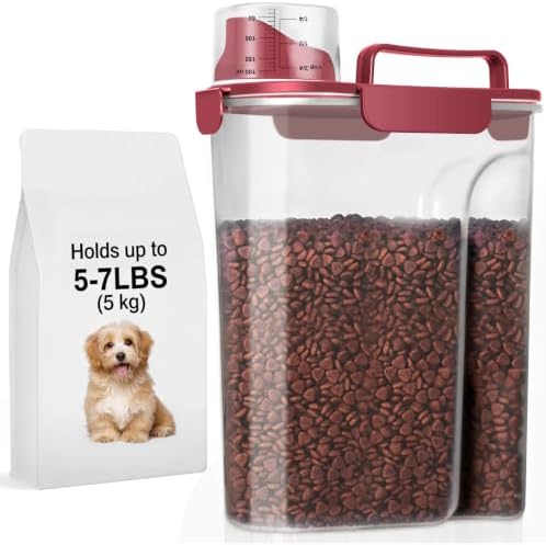 LEAWALK 5Lbs Dog Cat Storage Container Portable with Upgraded Large Spout and Cup, Plastic Pet Food Dispenser for Small Animal Kibble, Bird Seed, Oatmeal, Rice, Flour, Brown Sugart (Elegant Red)