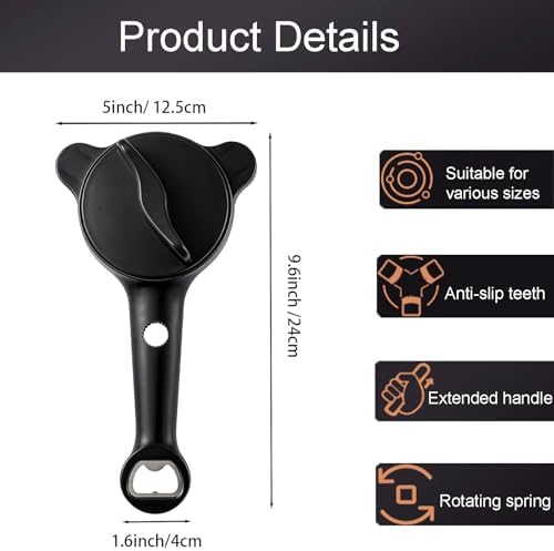 4-in-1 Multi-Functional Retractable Jar & Bottle Opener, Adjustable Stainless Steel Jar Opener for Seniors & Arthritis Sufferers,Suitable for 1''-3.5'' Jars, Bottles, Cans,Beer Caps (Black)