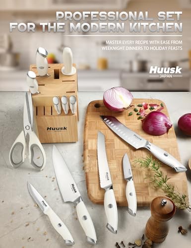 Huusk Knife Set with Block - Chef Knife with Natural Block Ivory White 14PC