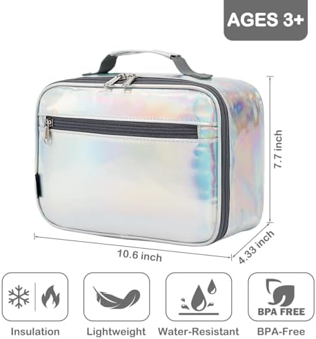 FlowFly Kids Lunch box Insulated Soft Bag Mini Cooler Back to School Thermal Meal Tote Kit for Girls, Boys, Silvery